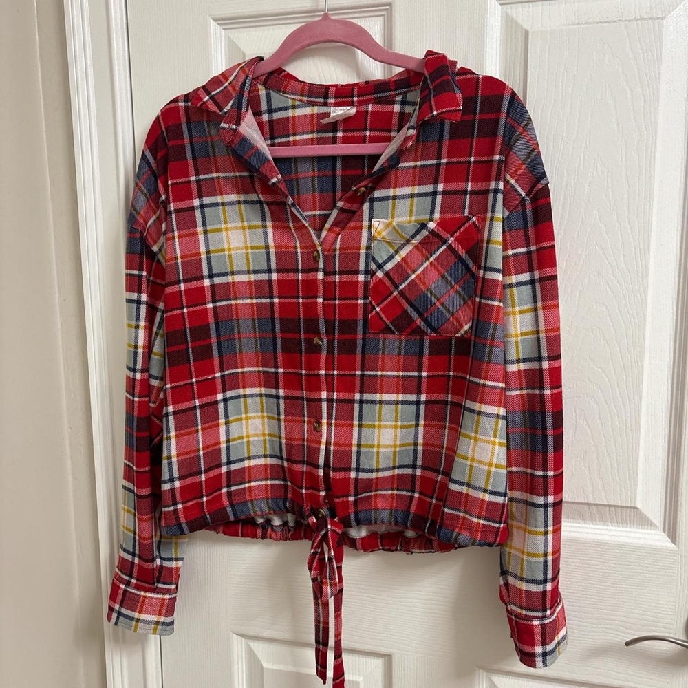 Women’s Red Plaid Button-Down Shirt with Tie Hem